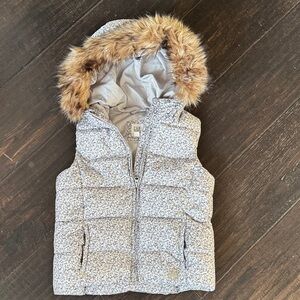 GAP Floral Light Gray Puff Vest with Faux Fur Hood Trim